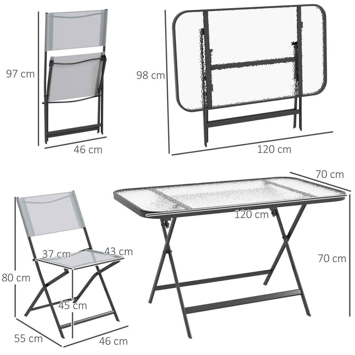 Ensemble de jardin 4 chaises + 1 table salon de jardin 5 pièces pilables chaises textilènes plateau en verre trempé gris-2