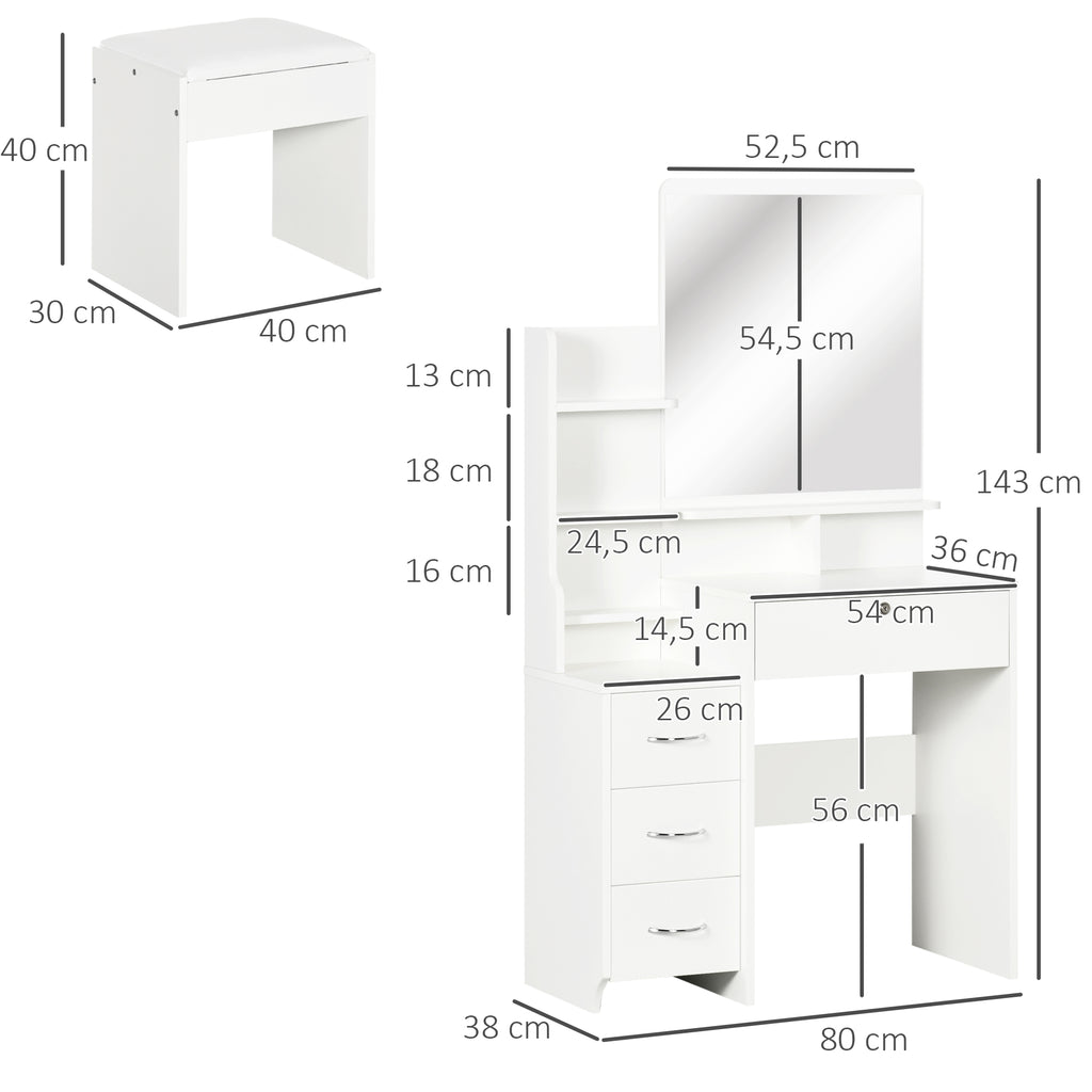 Ensemble de coiffeuse avec tabouret rembourré grand miroir + plusieurs étagères ouvertes + 4 tiroirs blanc-2
