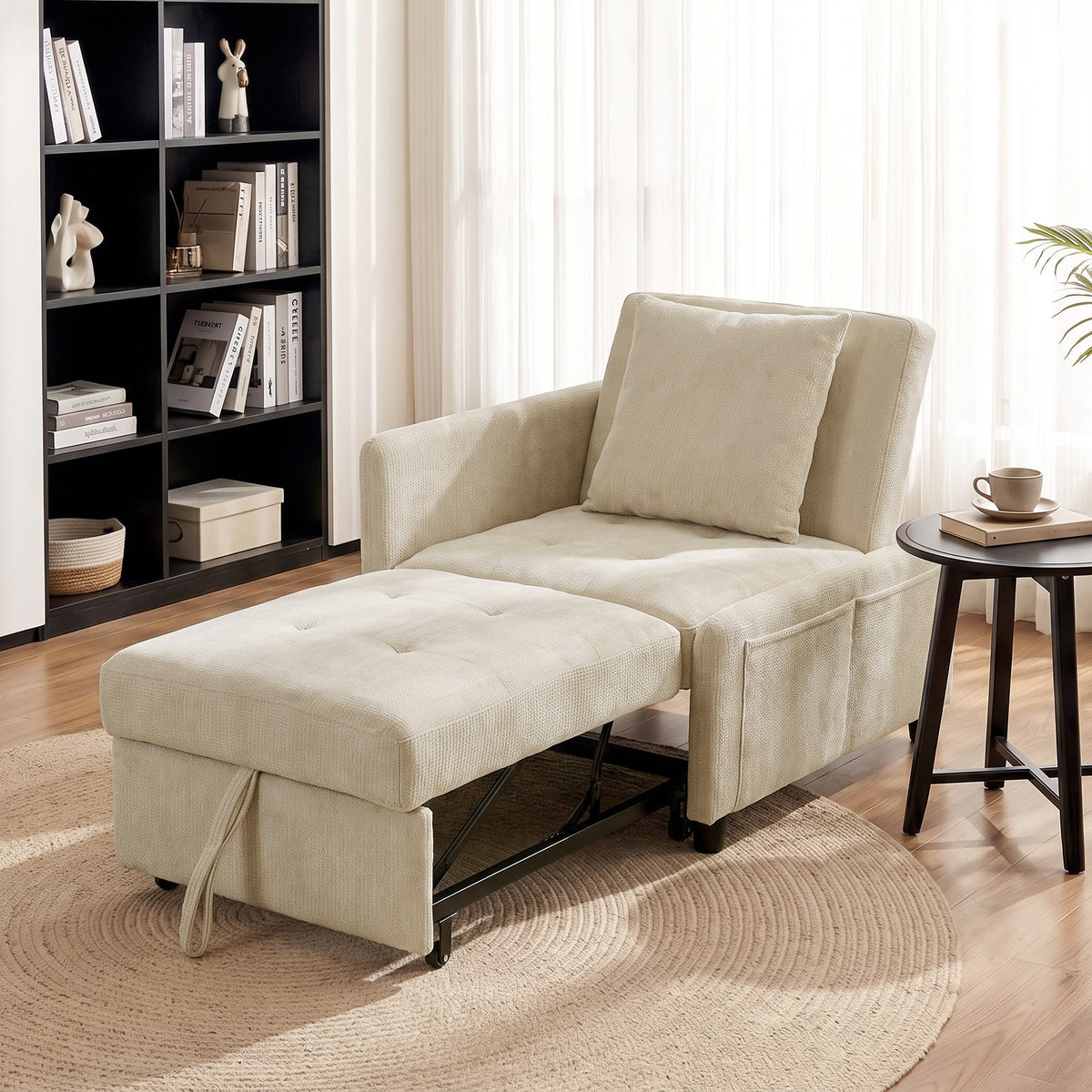 Fauteuil Convertible 1 Place, Fauteuil-Lit Clic-Clac 4 en 1 Rembourré en Chenille, Dossier Réglable, Assise Large, Beige-1