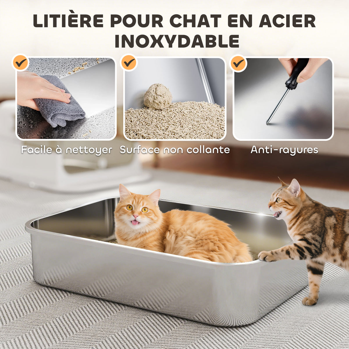 Bac à litière pour chat fermé en acier inoxydable, maison de toilette pour chat avec pelle, 70 x 50 x 46,5 cm, blanc-3