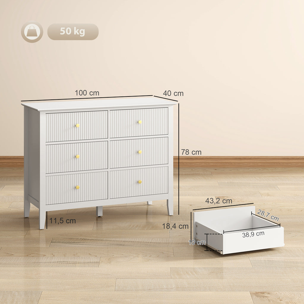 Commode à 6 Tiroirs, Meuble de Rangement, Chiffonnier avec Façades Rainurées, 100 x 40 x 78 cm, Blanc-2