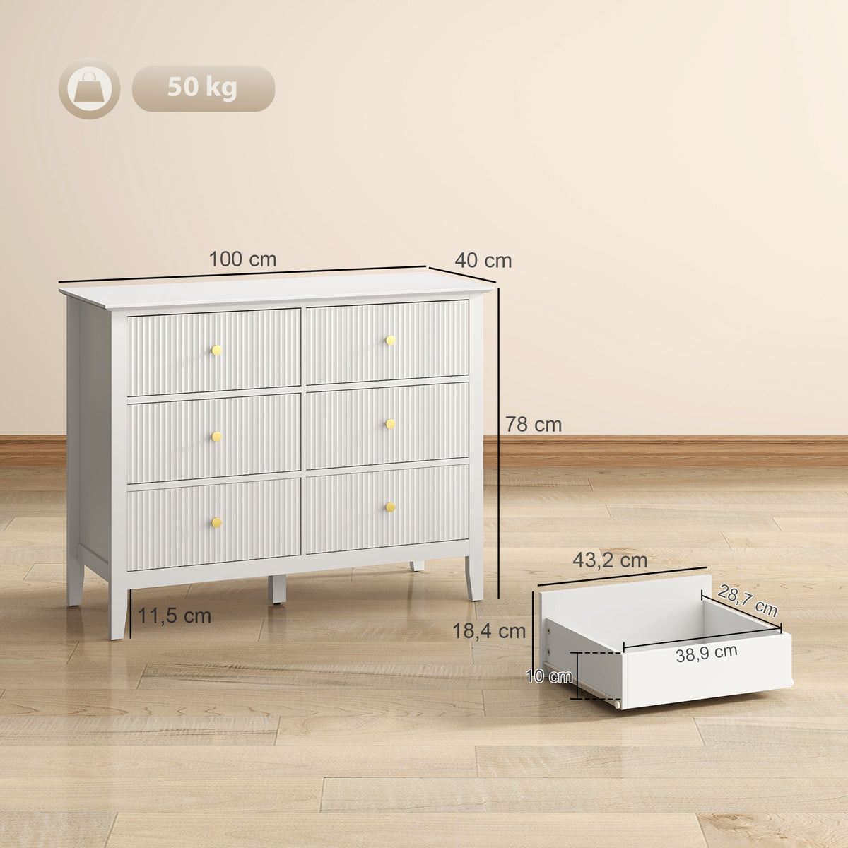 Commode à 6 Tiroirs, Meuble de Rangement, Chiffonnier avec Façades Rainurées, 100 x 40 x 78 cm, Blanc-2