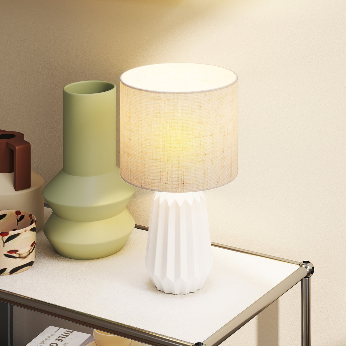 Lampe de Table avec Base en Céramique et Abat-Jour en Lin, Lampe de Chevet avec Interrupteur, Culot E27, Blanc et Beige-5