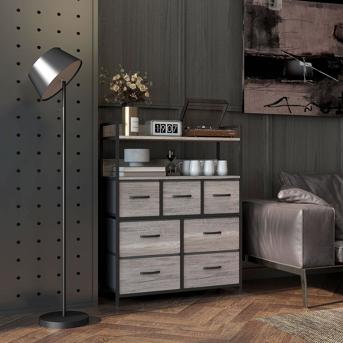 Meuble de rangement commode 7 tiroirs en tissu pliables et amovibles étagères ouvertes, gris-1