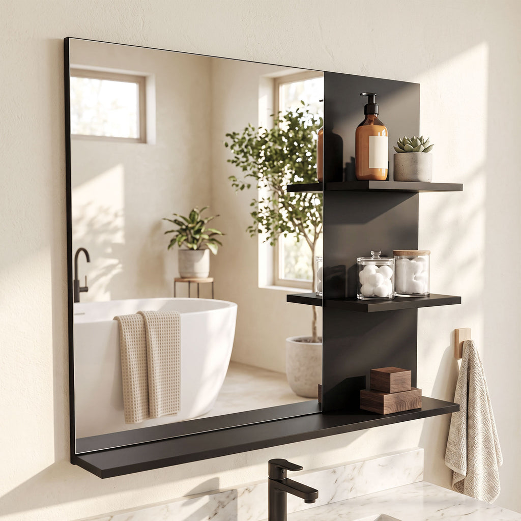Miroir Salle de Bain avec 3 Étagères 60 x 48 cm, Miroir Mural Modern pour chambre à coucher, bureau, Noir-6