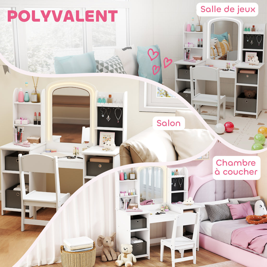 Coiffeuse pour enfants avec tabouret et miroir LED, table de maquillage pour 3 à 8 ans, 104 x 40 x 112 cm, blanc-7
