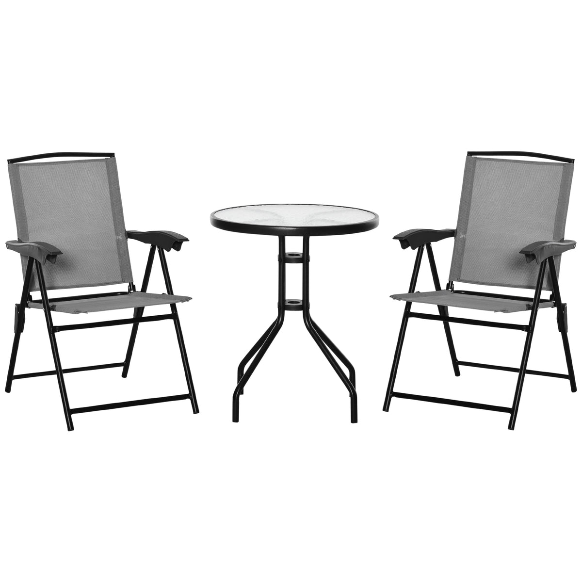 Ensemble de jardin 3 pièces 2 chaises inclinables multi-positions pliables table ronde verre trempé métal textilène gris-0