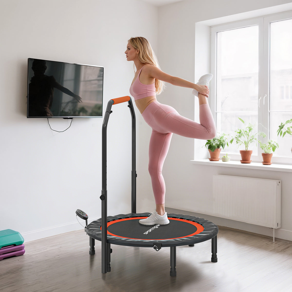 Trampoline de fitness gymnastique avec poignée réglable, pliable, 6 pieds, 28 ressorts Ø 102 cm, noir rouge-8