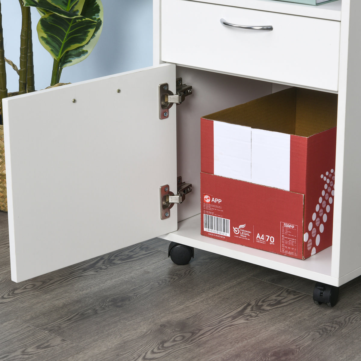 Caisson de bureau rangement bureau sur roulettes tiroir placard niche panneaux particules blanc-8