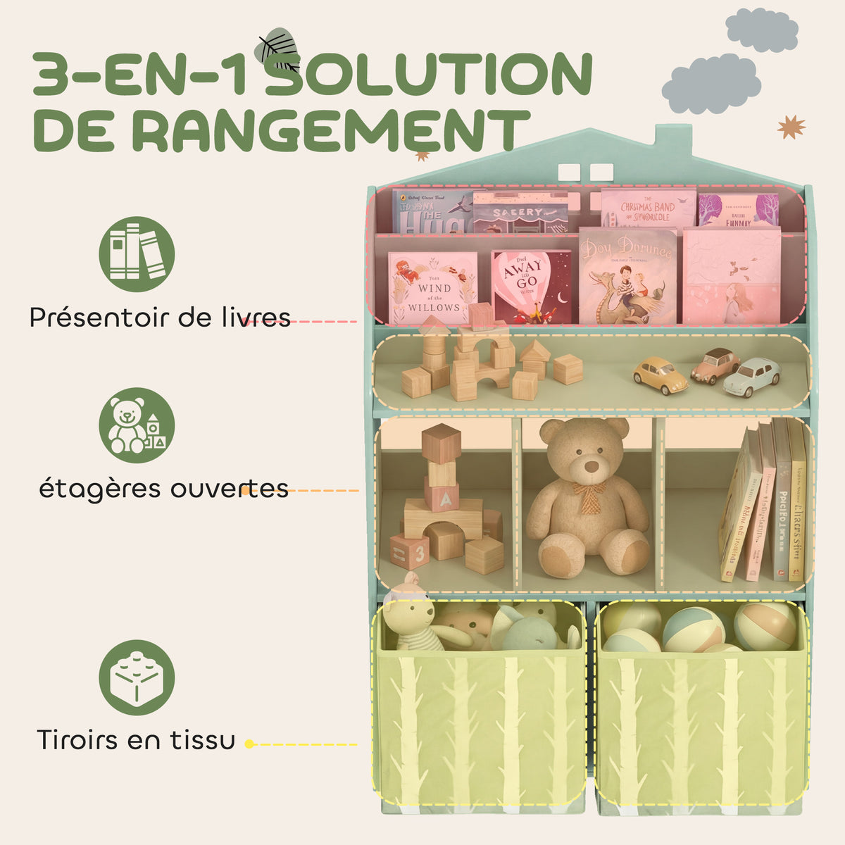 Meuble rangement enfant, bibliothèque enfants avec étagères ouvertes et 2 tiroirs en tissu, MDF, vert-3