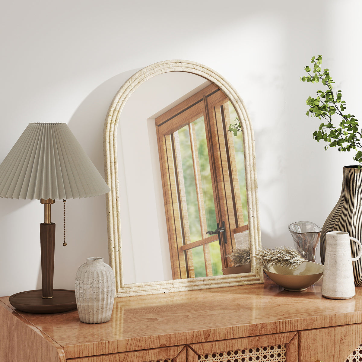 Miroir mural arqué, miroir moderne avec bord rainuré et crochets, verre trempé et polystyrène, 50 x 70 cm, beige-6