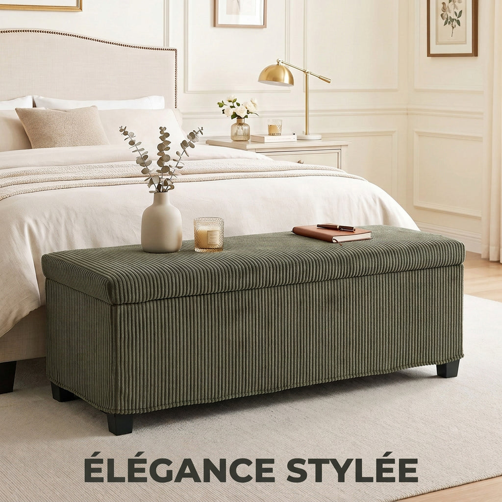 Banc de Rangement, Bout de Lit en Velours Côtelé avec Couvercle, pour Salon, Chambre, Entrée, 112x42x40 cm, Vert Clair-3