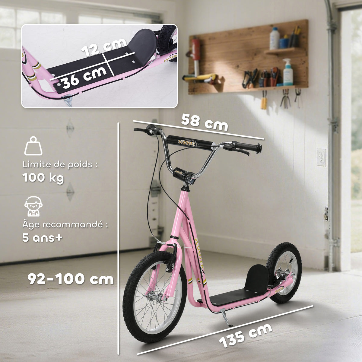 Trottinette patinette Enfant à partir de 5 Ans Grands pneus Guidon réglable poignées Freins et béquille Acier Rose-2