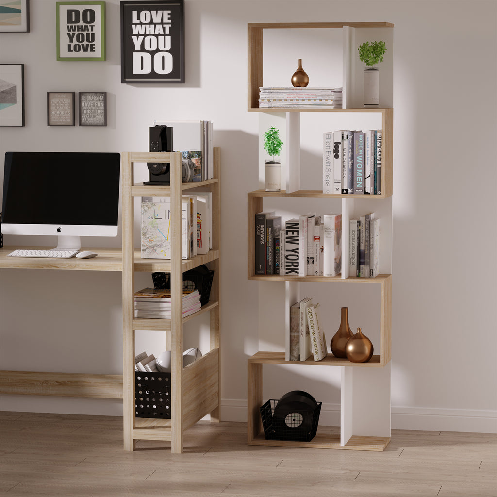 Bibliothèque à 5 niveaux, meuble de rangement en forme de S avec étagères, étagère de rangement blanc-1