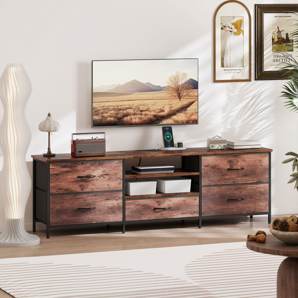 Meuble TV 160 cm, Meuble Télé 70 Pouces, Station de Charge, 5 Tiroirs en Tissu, Étagères Ouvertes, Brun Rustique-7