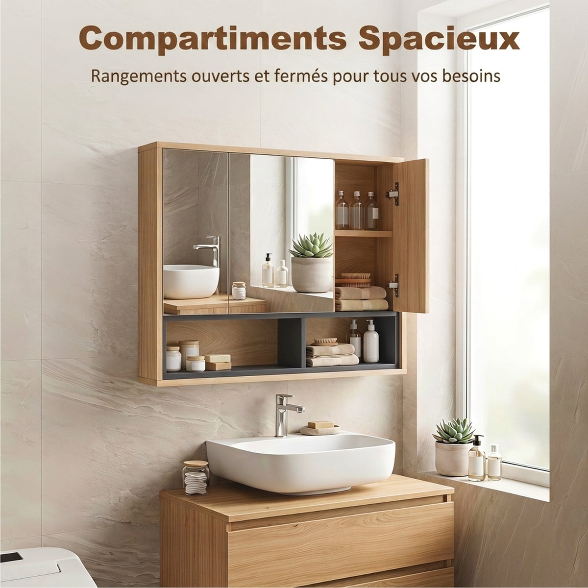 Meuble salle de bain avec miroir, armoire toilettes murale avec placards à 3 portes et 8 compartiments, chêne-3