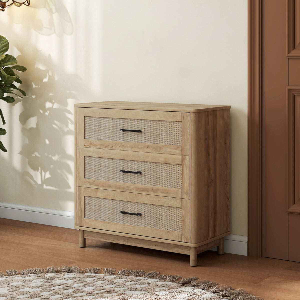 Commode 3 Tiroirs en Rotin, Meuble de Rangement, Chiffonnier, Pieds en Bois Massif, Style Bohème, 76x35x76cm, Chêne-1