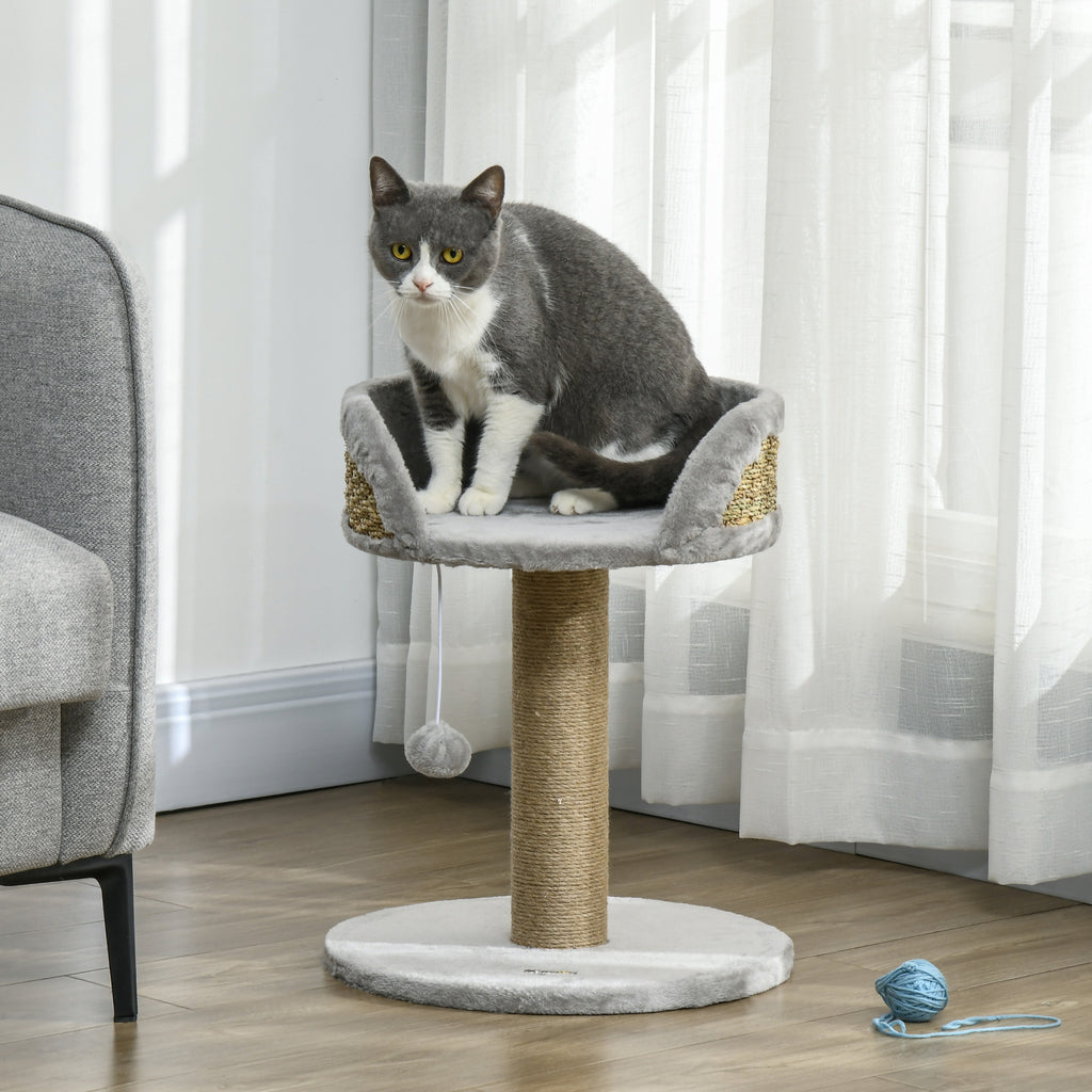 Arbre à chat arbre à grimper grattoir design jeu pompon suspendu + plateforme peluche 40 x 40 x 49 cm jute gris-1