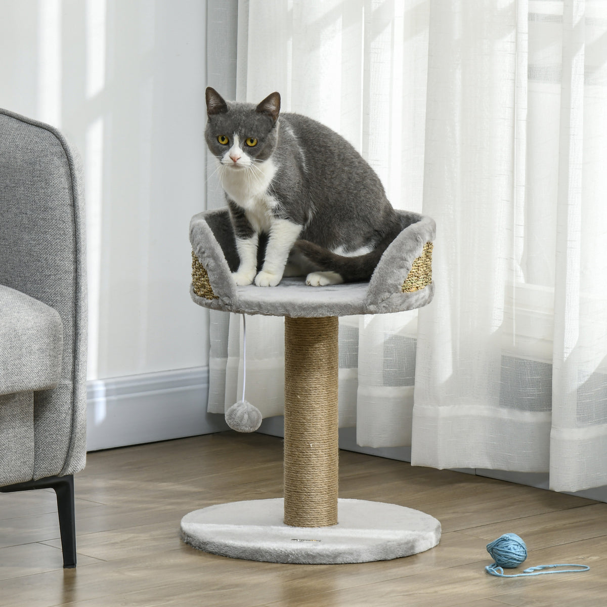 Arbre à chat arbre à grimper grattoir design jeu pompon suspendu + plateforme peluche 40 x 40 x 49 cm jute gris-1