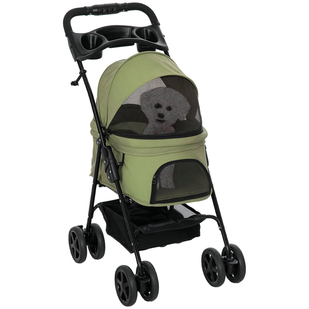 Poussette buggy pliable chien chat panier rangement porte-gobelets tissu 300D Oxford imperméable 4 roues vert-8