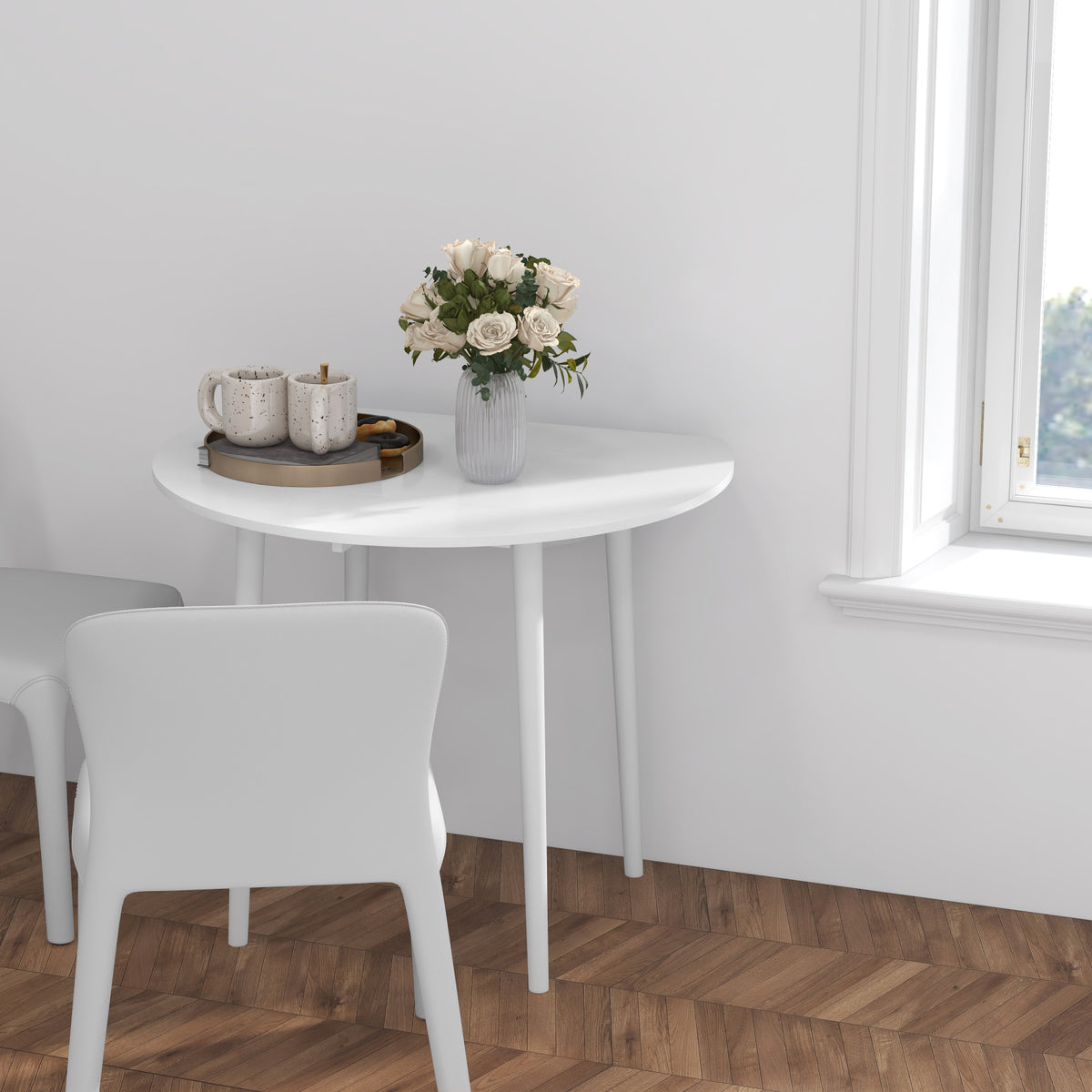 Table de salle à manger pliante 2 abattants, table ronde extensible pour 4 personnes, pieds en bois Ø 89 x 73,5 cm, blanc-6