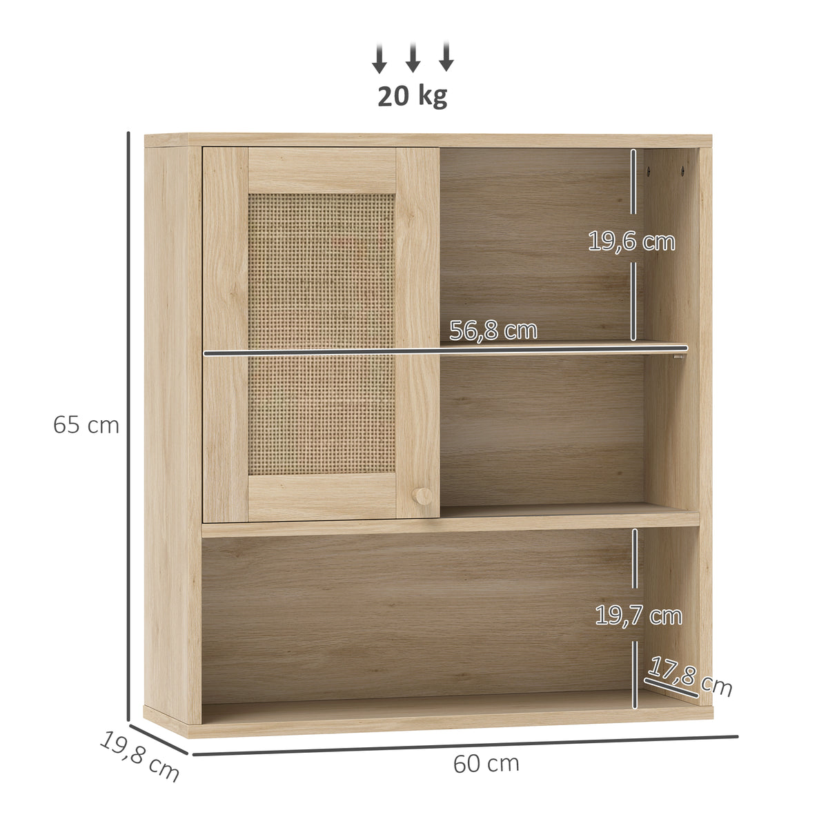 Armoire murale, meuble haut salle de bain avec porte coulissante en rotin et étagères ouvertes, bois naturel-2