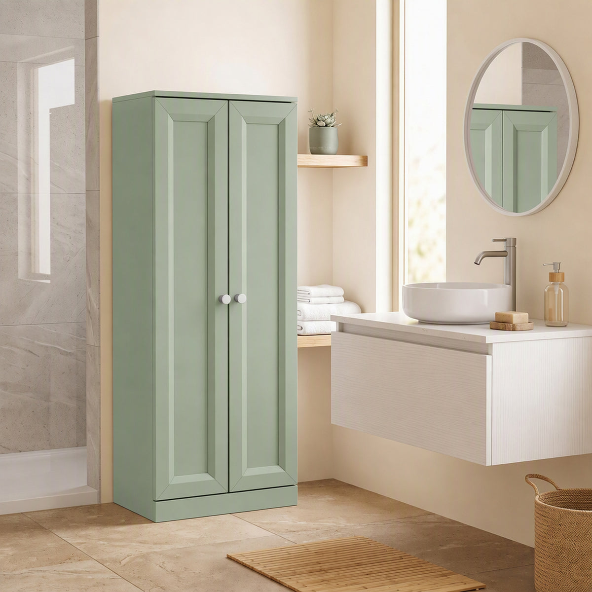 Meuble de Salle de Bain Étroit, Meuble de Rangement Sur Pied avec 2 Portes et 3 Étagères, pour Salon, Chambre, Vert-1