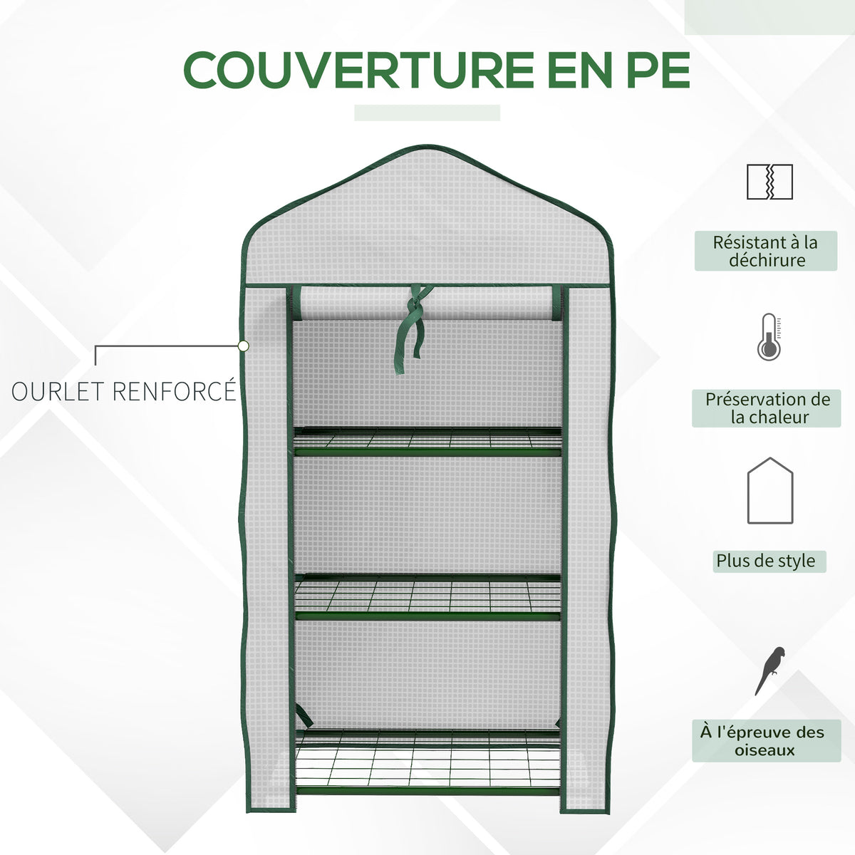 Serre de Jardin étagère 3 Niveaux dim. 59L x 39l x 127H cm métal thermolaqué Vert PE Haute densité 140g/m² Blanc-3