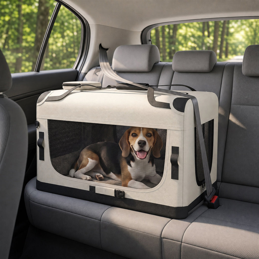 Grand Sac Transport Chat Chien Plaible Respirant Sangle Sécurité Coussin Lavable Gamelle Pliable 81x56x58cm Gris Clair-9