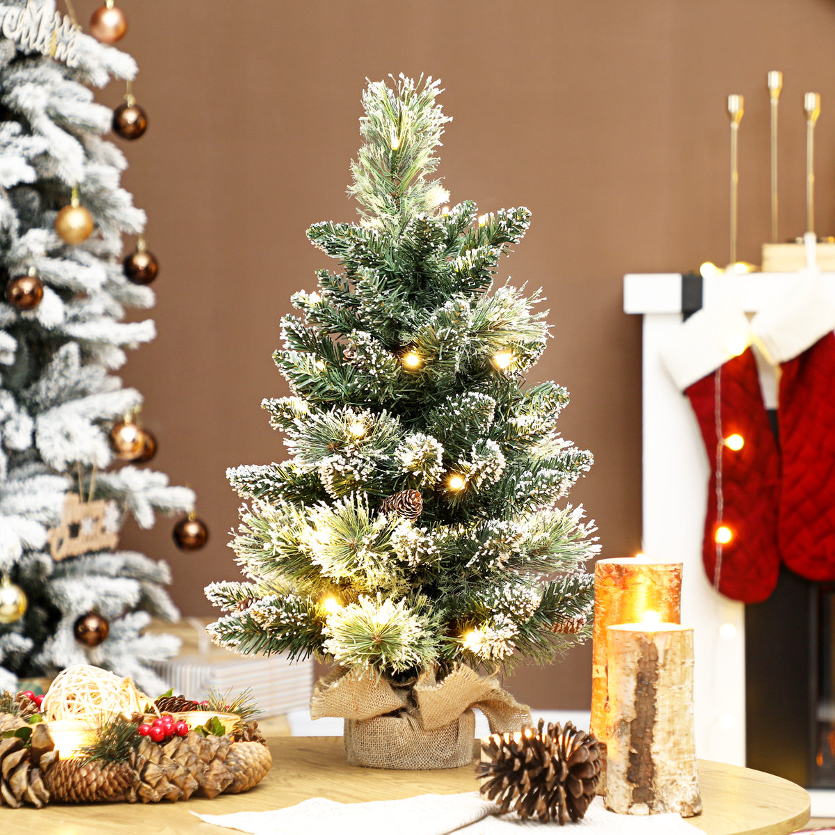Sapin de Noël artificiel 60 cm, mini arbre de Noël de table floqué avec 35 LED, pommes de pin, fonctionne à piles, vert-1
