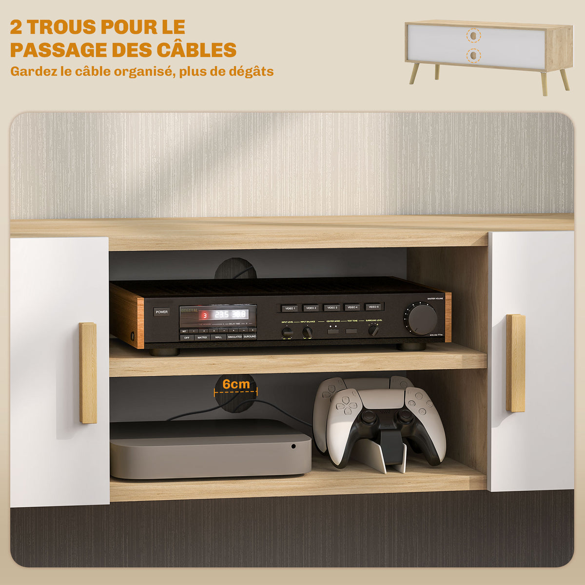 Meuble TV meuble télé bois banc TV jusqu'à 50 pouces avec étagères, 2 placards et passe-câbles, chêne-4