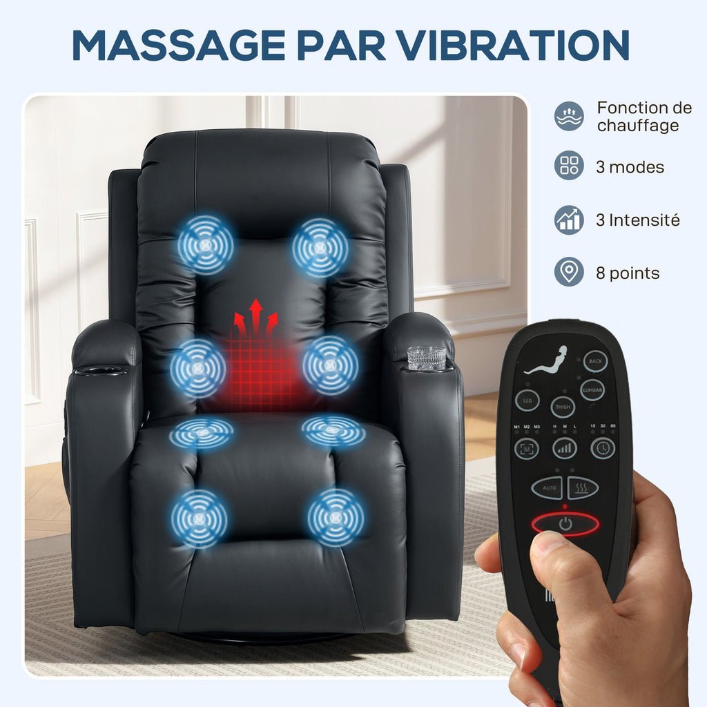 Fauteuil inclinable de massage et chauffage, fauteuil de relaxation, dossier réglable, pivotant 360°, 82x99x103cm, noir-3