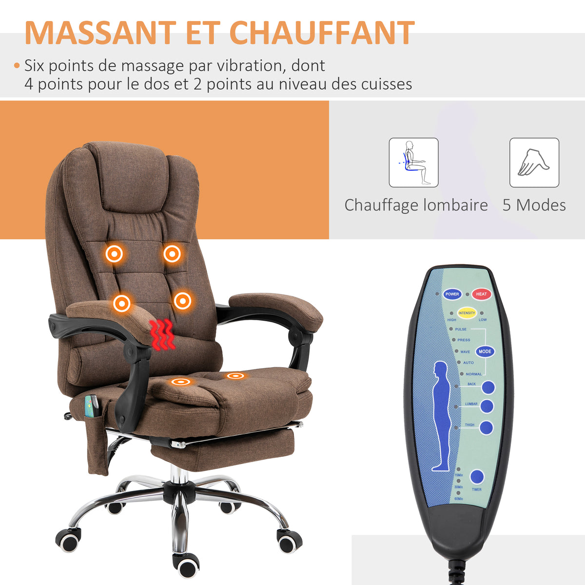 Fauteuil de bureau direction massant chauffant hauteur réglable dossier inclinable repose-pied + coussin lombaires-3