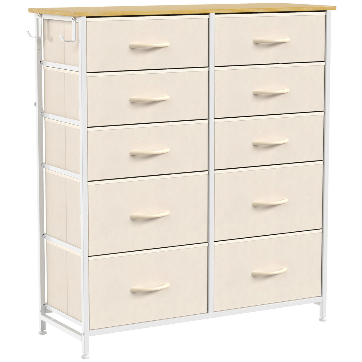 Commode 10 Tiroirs en Tissu, Meuble de Rangement avec 4 Poches, 2 Crochets, Structure en Acier, 80 x 30 x 94,5 cm, Beige-0
