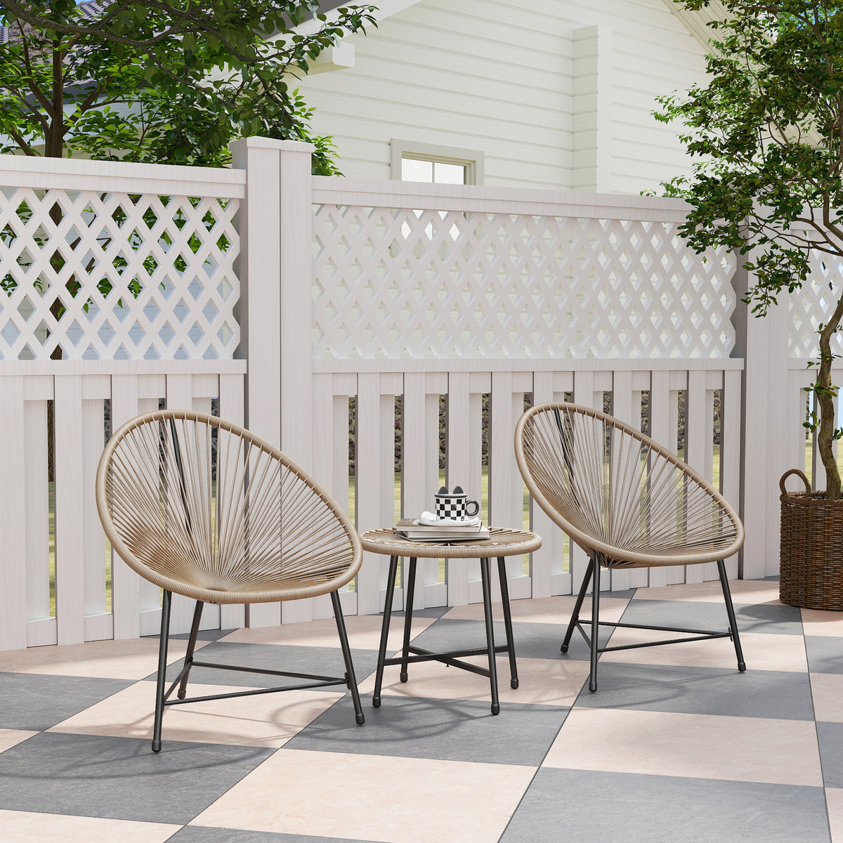 Salon de jardin extérieur en résine tressée 2 personnes, plateau en verre trempé, pour balcon terrasse patio, naturel-1