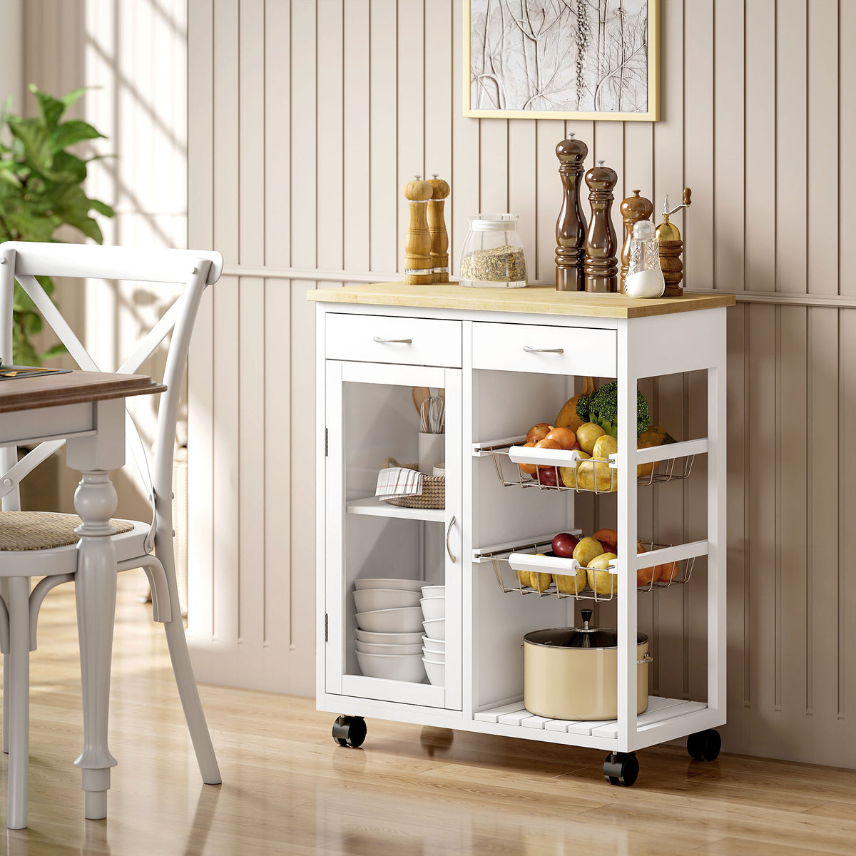 Desserte de cuisine à roulettes, îlot central cuisine avec plateau en bambou, porte vitrée, 67 x 35 x 80 cm, blanc-1