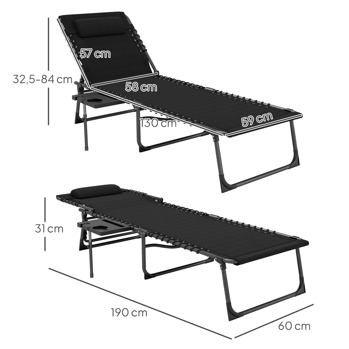 Bain de soleil pliante dossier réglable sur 5 niveaux, plateau, appuie-tête, poche latérale 60 x 190 x 31 cm, noir-2
