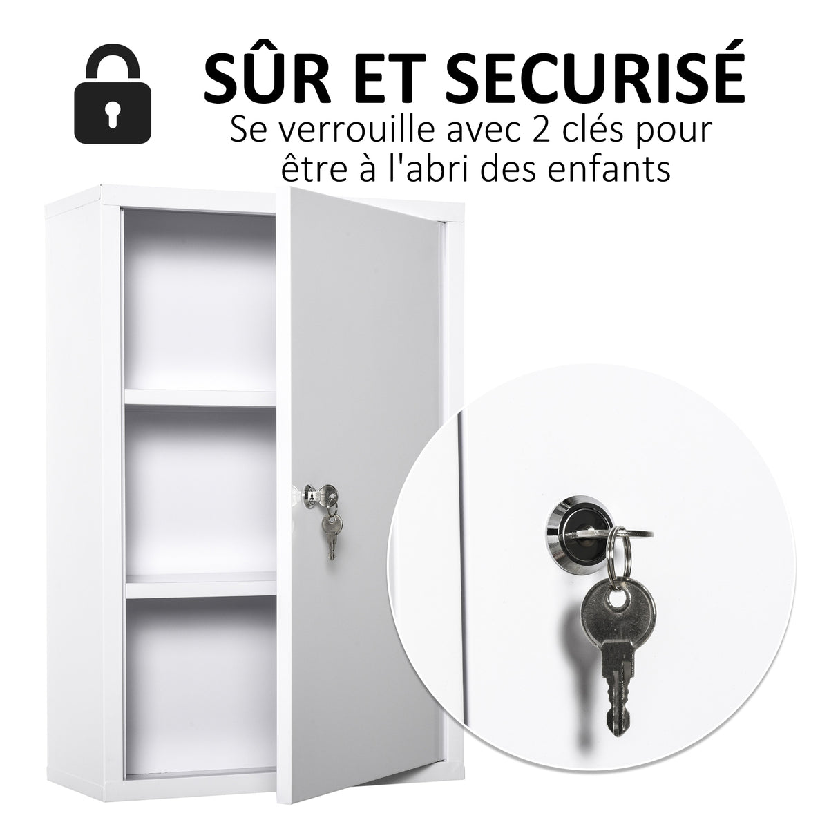 Armoire à Pharmacie 2 étagères 3 Niveaux verrouillable dim. 40L x 18l x 60H cm 2 clés métal Blanc-3