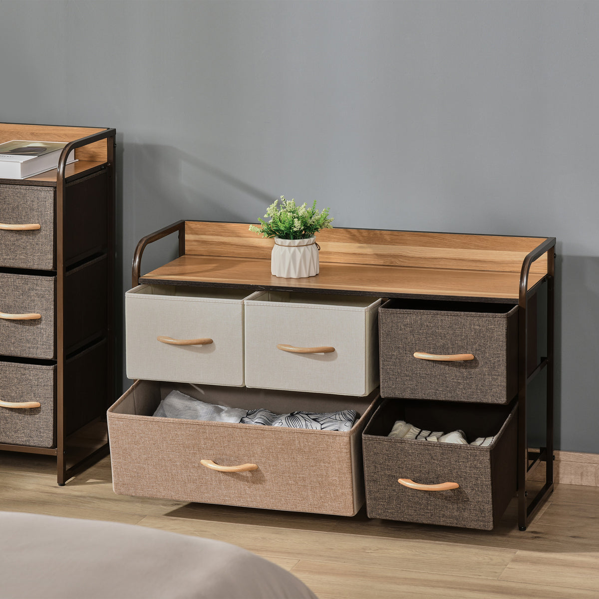 Commode Meuble de Rangement 5 tiroirs en Tissu 87,5 x 29 x 58 cm Marron et Beige-9
