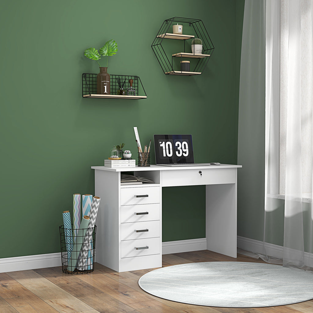 Bureau moderne avec 5 tiroirs, grand plateau, 1 compartiment ouvert, tiroir verrouillable, 110 x 50 x 76cm, blanc-1