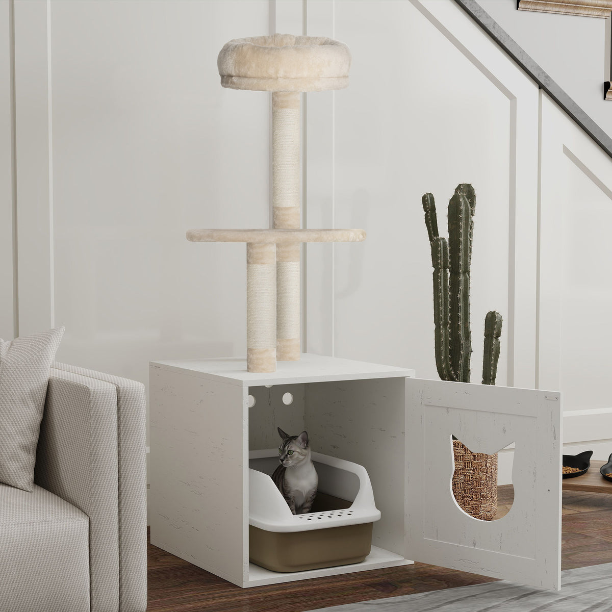 Arbre à chat avec maison de toilettes, tour de jeu 2-en-1 de 129 cm avec cache-litière, poteaux à griffer, crème-1