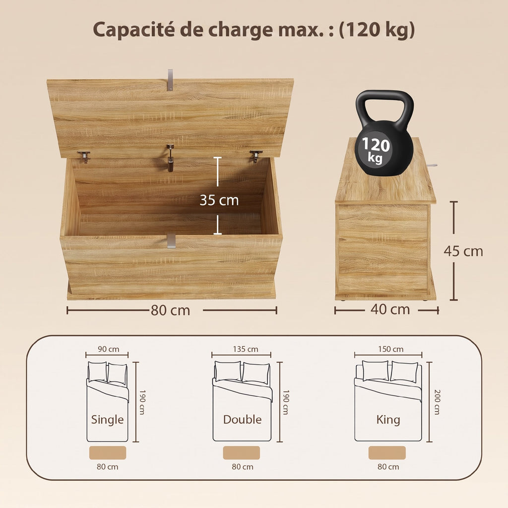 Coffre de Rangement, Banc de Rangement avec Couvercle Rabattable et Charnières de Sécurité, 80 x 40 x 45 cm, Naturel-2