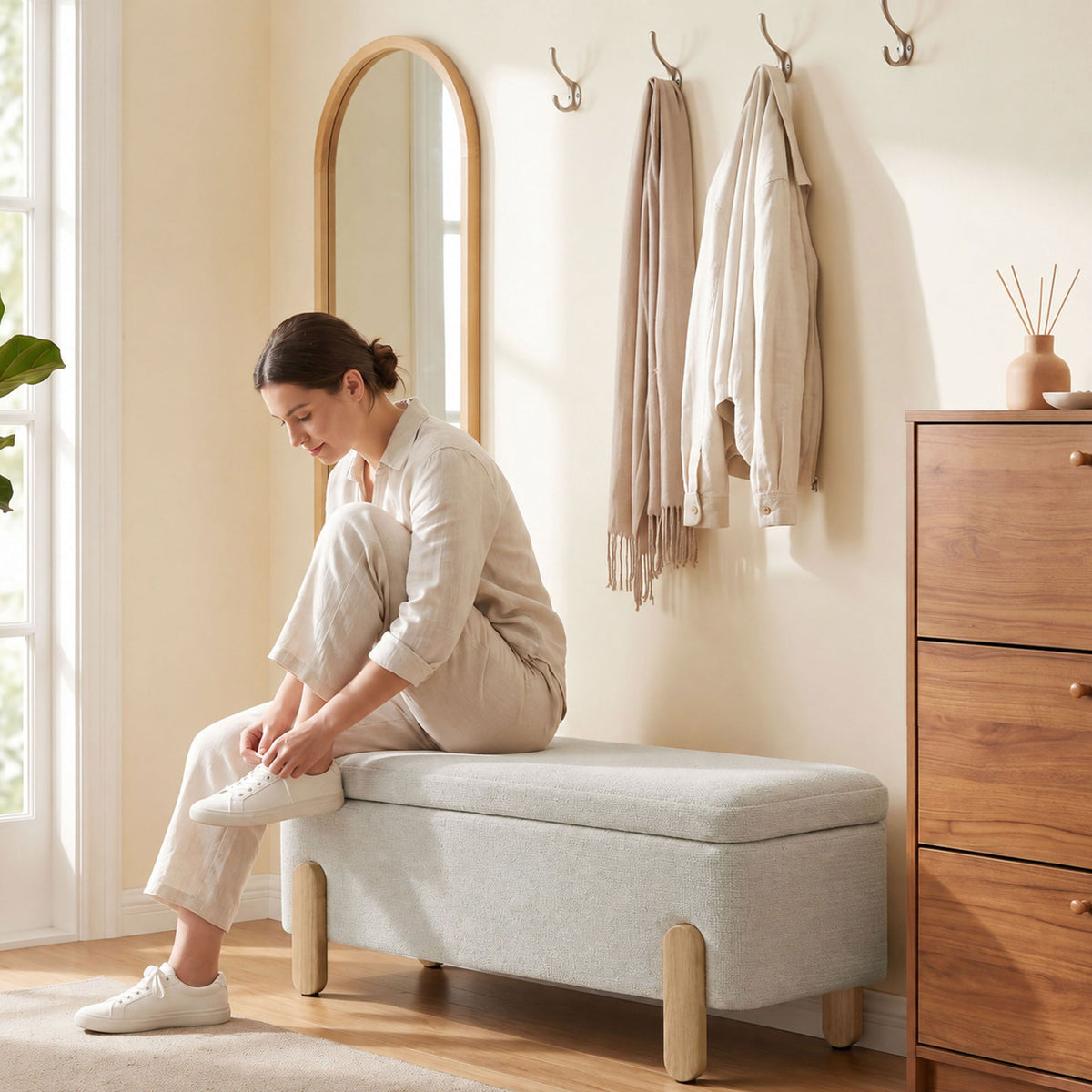 Banc Coffre de Rangement 108 cm, Bout de Lit en Chenille avec Pieds en Bois, Style Moderne, Charge Max. 220 kg, Beige-8