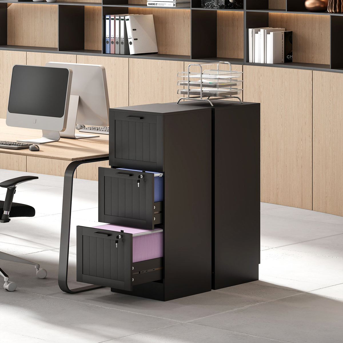 Caisson bureau, meuble rangement bois 3 tiroirs et serrure, barres de suspension réglables, 40 x 40 x 101 cm, noir-8