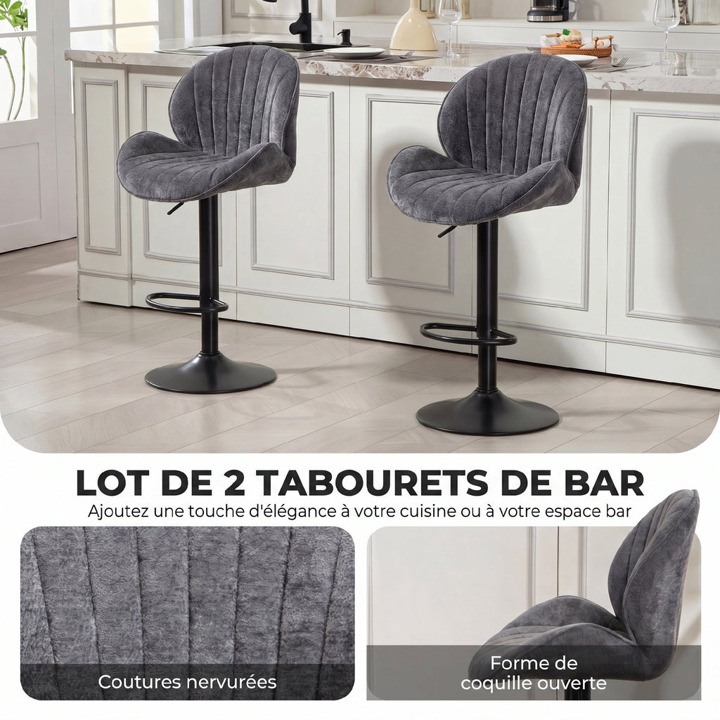 Lot de 2 Tabourets de Bar, Hauteur Réglable, Pivotant 360°, Siège Rembourré, Dossier et Repose-pieds, Gris-3