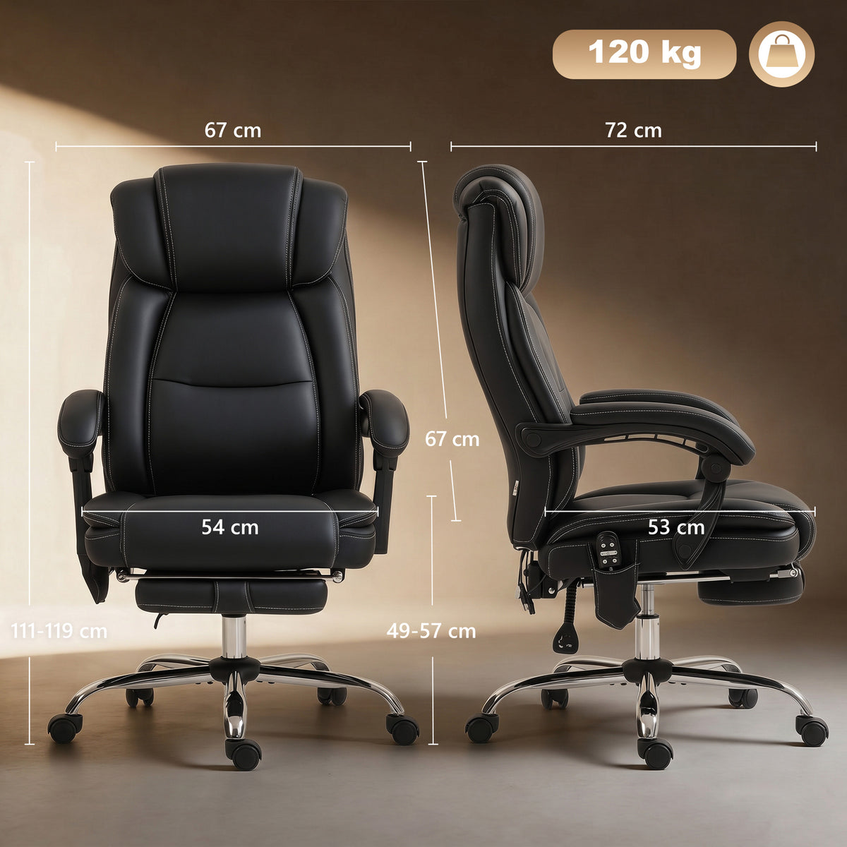 Fauteuil de bureau massant et chauffant chaise de bureau avec hauteur réglable dossier inclinable 67x72x111-119cm noir-2