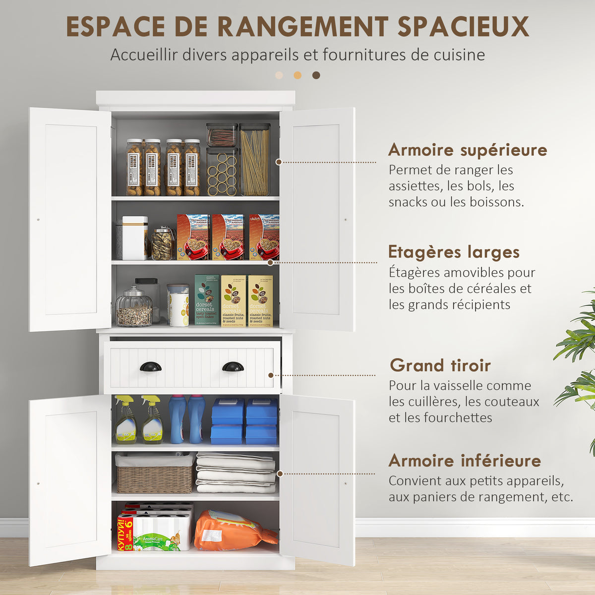 Armoire de cuisine buffet cuisine multi-rangements étagères réglables 4 portes grand tiroir 76,2 x 40,2 x 183 cm blanc-3