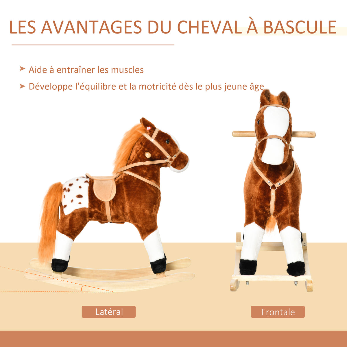 Cheval à Bascule en Bois et Peluche pour Enfant Cheval de Cowboy peluche Pour Enfants de 3-6 Ans Jouet balançoire avec Effet sonore Selle rênes Marron Blanc-5