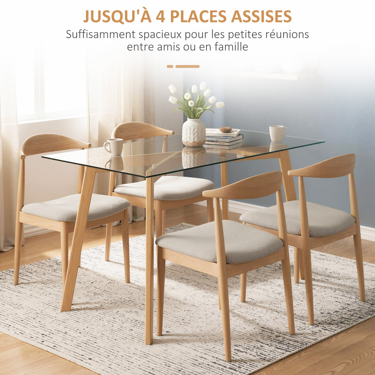 Table à manger pour 4 personnes, 120x60x76cm, table de cuisine, plateau en verre trempé et pieds en acier, transparent-3