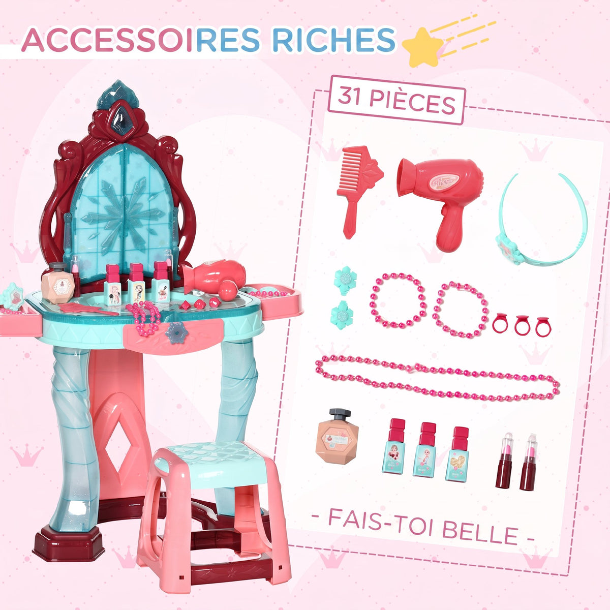 Coiffeuse Enfant Fille avec Miroir Magique, Musique, Plateaux, Tiroir et Accessoires, 3-6 Ans, 57x34x76cm, Multicolore-4